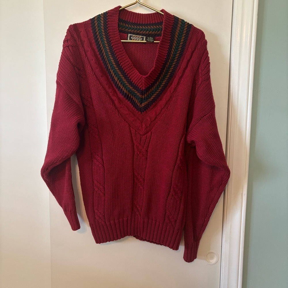 Vintage Red V-Neck Sweater with Striped Collar